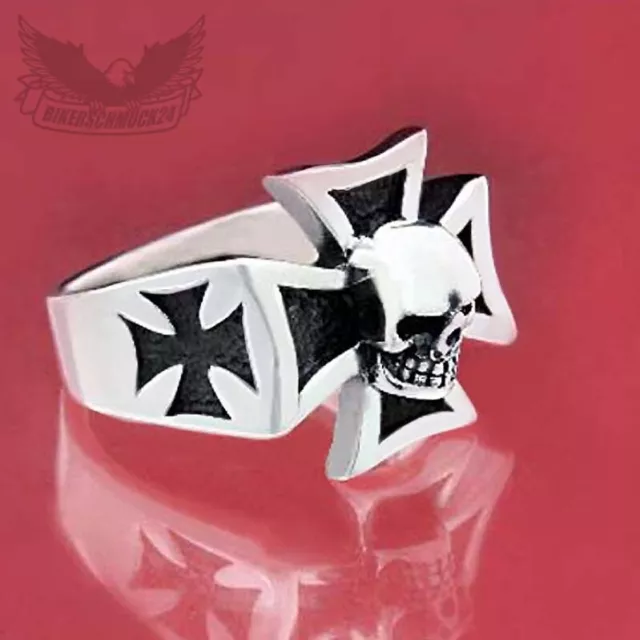 Iron Cross und Skull Bikerring Eisernes Kreuz Totenkopf 925 Silber Ring Geschenk