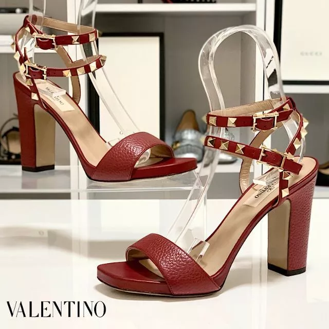 Valentino Rockstud Leather Sandals Wine Red Women Size 36.5/US6.5 Preowned Auth