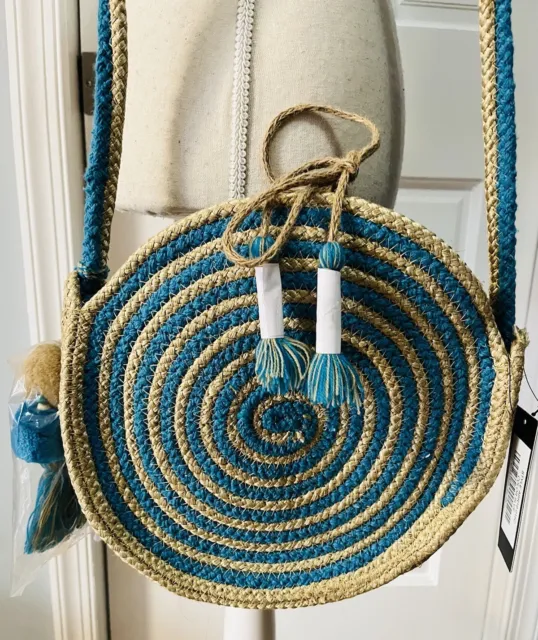 LuLus Crossbody Round Woven Straw Bag Purse Circle Design Aqua Blue & Beige NWT