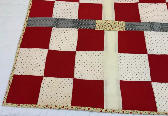 Vintage Antique Patchwork Quilt Large Table Topper, Nine Patch, Red & White 3