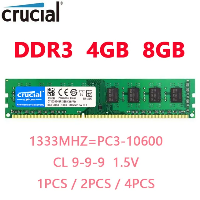 Crucial DDR3 4GB 8GB 1333MHZ PC3-10600 Desktop RAM Memory DIMM 1.5V 240Pin