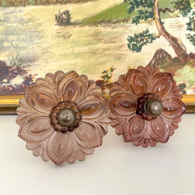 2 Antique Purple Amythest Glass Curtain Tie Back Sandwich Victorian Drapery PAIR