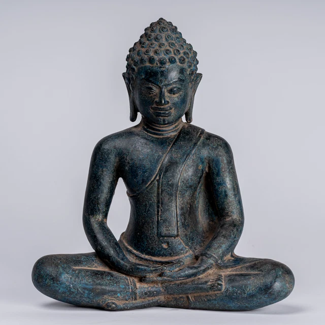 Antique Thai Style Seated Bronze Dvaravati Meditation Buddha Statue - 24cm/10"