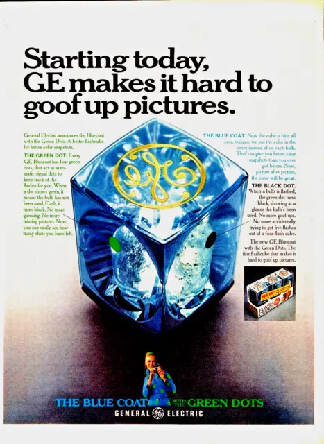 1968 General Electric Flash Cubes Vintage Print Ad Pack Of 3 Blue Coat Green Dot