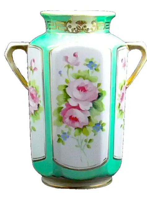 Noritake porcelain double handle vase painted with pink roses 1920s.