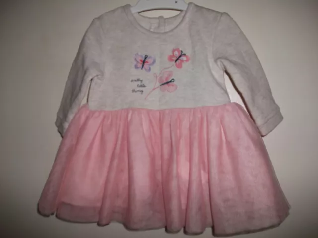 Baby Girls Pink & Grey Long Sleeved Embroidered & Netted Dress - Age 0-3 Months