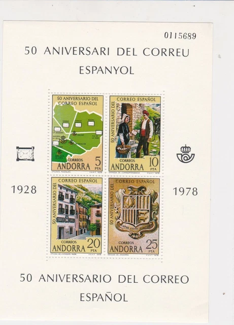 Andorra 1978 50th Anniversary of Mail Mint Never Hinged Stamps Sheet Ref 23845