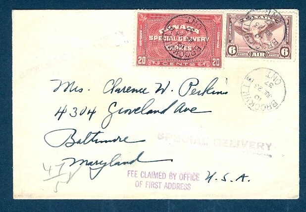 Canada 1937 Special Delivery/Air Combo To Usa