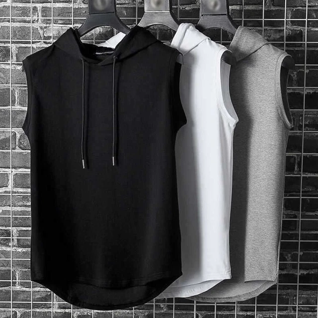 Men Workout Hooded Tank Tops Bodybuilding Muscle T Shirt Sleeveless Gym Hoodies