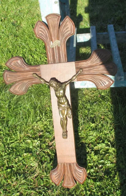French Large Hand Carved Wood Hanging Crucifix  Jesus Christ Fleur de Lis 24 "