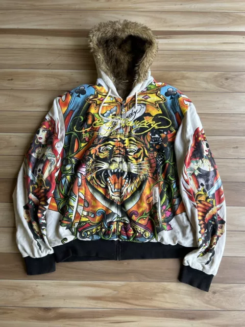 2000S ED HARDY Faux Fur All Over Print Hoodie $300.00 - PicClick