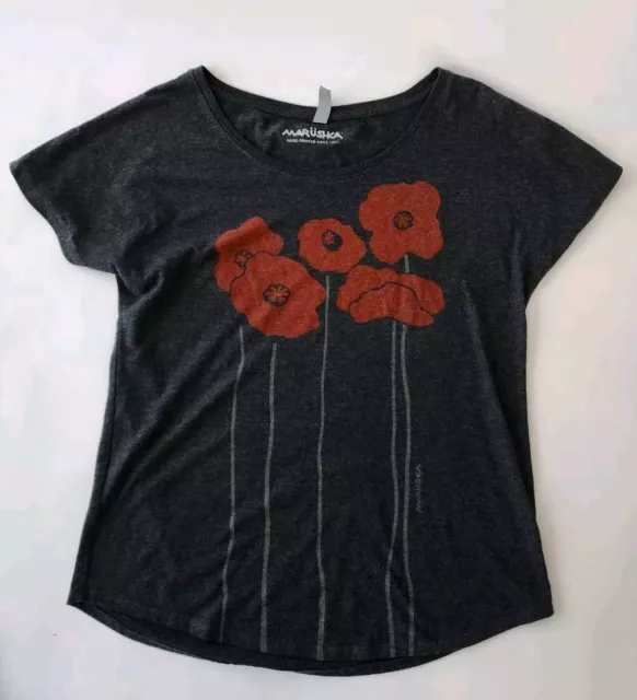 Marushka T Shirt Poppy Flower Screen Print Womens Size Medium Gray