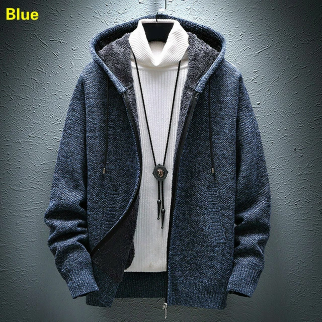 Uomo Maglia Cardigan con Cappuccio Maglione Cappotto IN Pile Giacca Zip