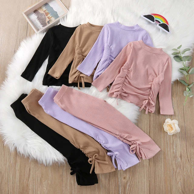 Top a maniche lunghe per bambine vestiti arricciate arricciate + set pantaloni abiti