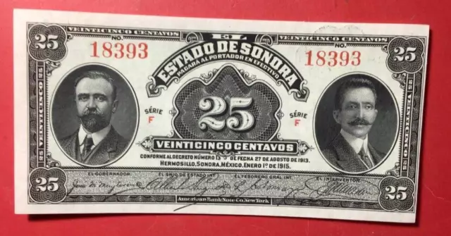 1915 Mexico "Veinticinco Cents" "Estado De Sonora" Ch Uncirc 1 of 3 Consecs X393