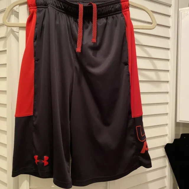 UNDER ARMOR Athletic Shorts Boys Youth Size Large Black/Red 100% Polyester EUC