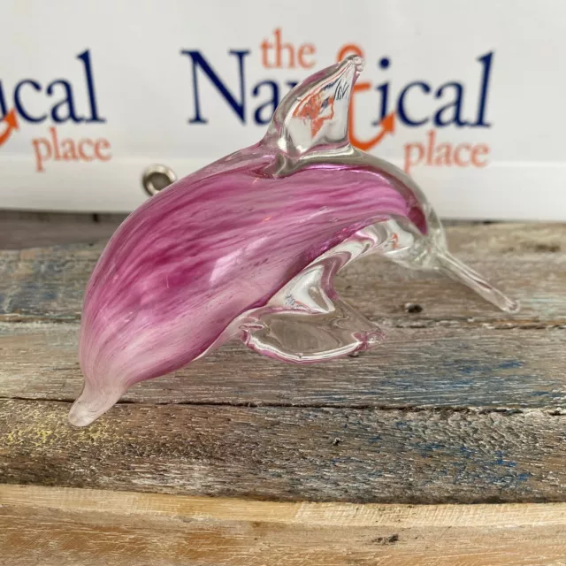Glass Pink Dolphin Figurine, Hand Blown Nautical Paperweight, Coastal Fish Decor