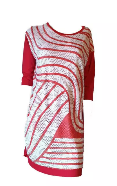 Vestito Abito Corto Maglia Lunga Casacca Pizzo Traforato Donna Bianco Rosso Tg L 2