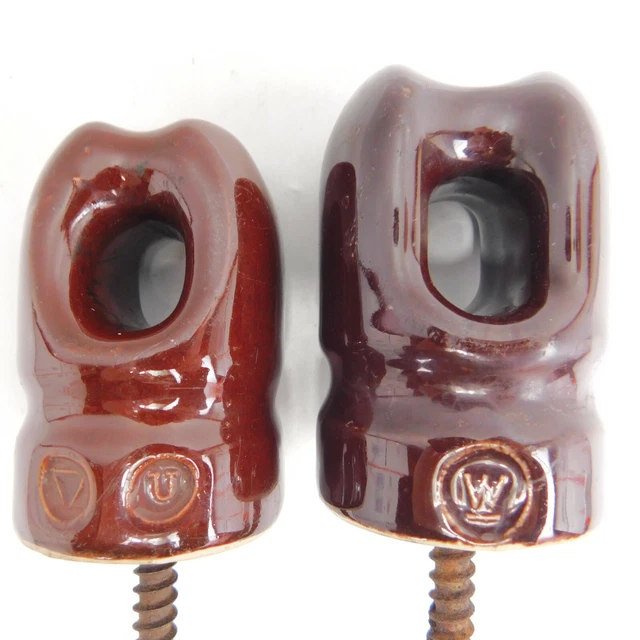 Lot Of 2 Vintage Glazed Brown Ceramic Porcelain Electric Power Line Insulator
