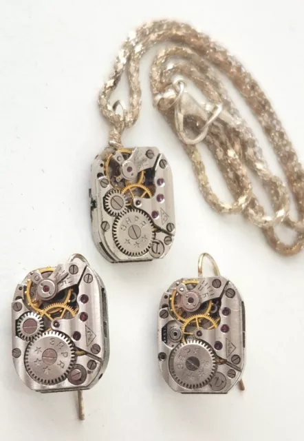 Upcycled Watch Movement Steampunk Pendant & Earring Set on 40cm Cord. HANDMADE.