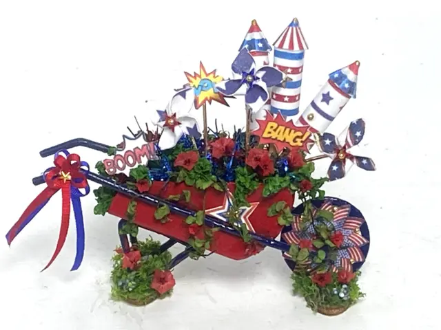 OOAK Artisan Pinwheel Fourth of July Decorated Wheelbarrow 1:12 Dollhouse '23