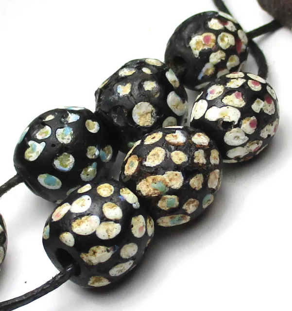 7 Rare Amazing Old Well Worn Black Mixed Thousand Eye Venetian Antique Beads~