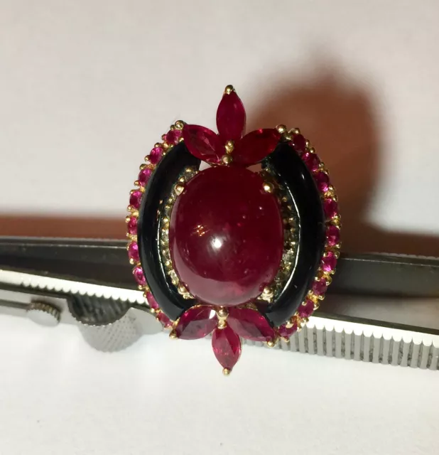 Antique 14K TJJ Gold Ladies Oval Natural Cabochon Ruby Diamond Ring Sz 7 1/4