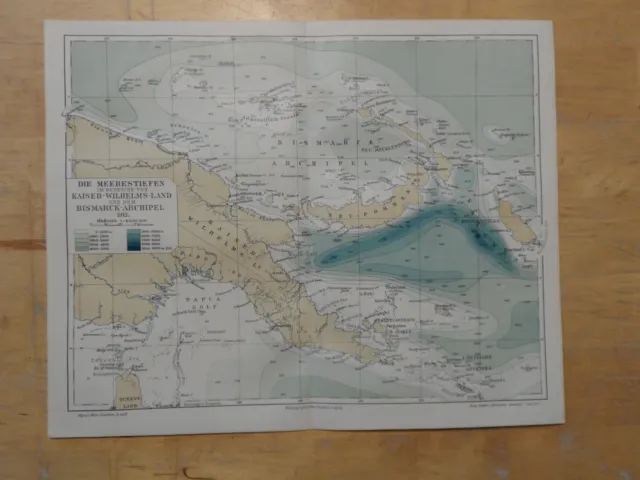 Orig.(1911) Lithographie Landkarte Meerestiefen Kaiser-Wilhelms-Land Bismarck