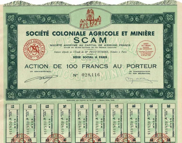 Société Coloniale Agricole et Minière SCAM, Capital 4,5 Mio. Francs