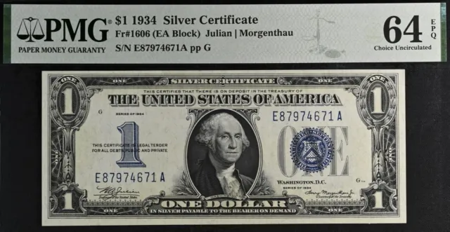 1934 $1 Silver Certificate PMG 64EPQ popular wanted EA Block Fr 1606