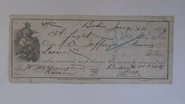 1879 Bodie Mining Mono CA Indian Wells Fargo Jefferys Pay Johnson &Blossom Check