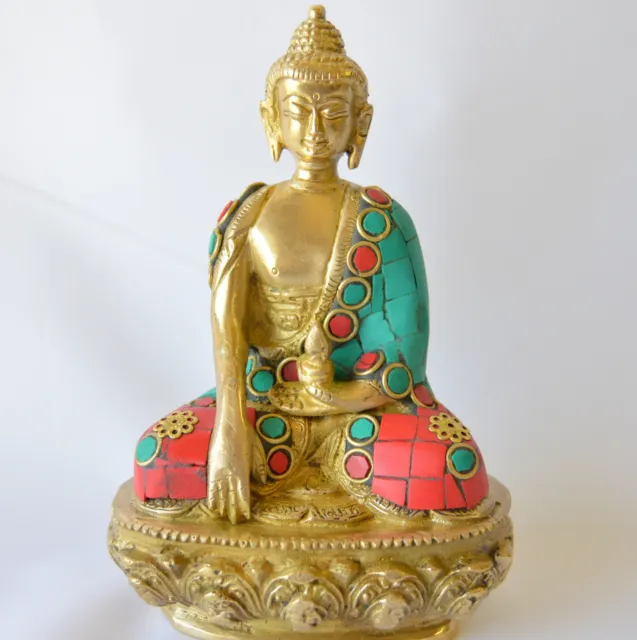 Buddha Statue studded turquoise corals Bhumispara Mudra Aksobhya brass 5.5"
