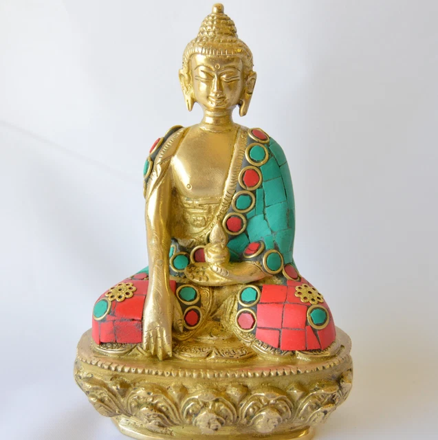 Buddha Statue studded turquoise corals Bhumispara Mudra Aksobhya brass 5.5"