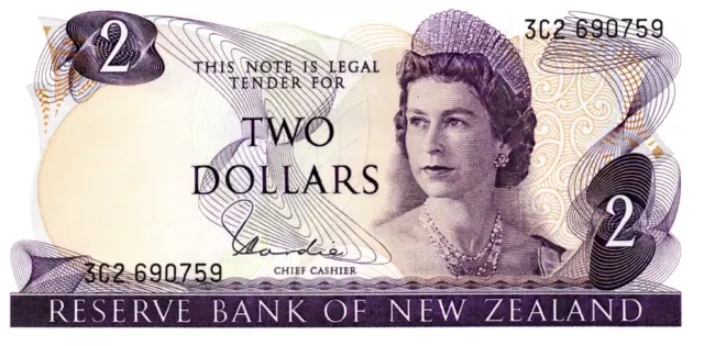 New Zealand $2 Dollars ND(1977) UNC Banknote P-164d Prefix 3C2 Hardie Sig. QEII