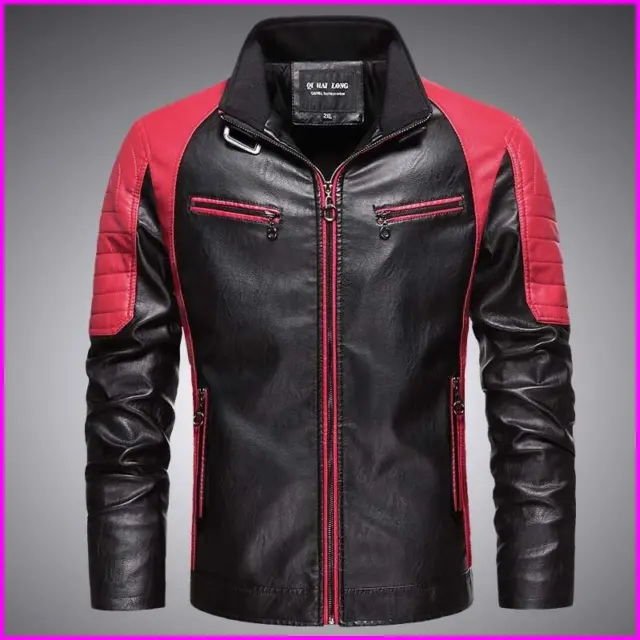 Chaqueta De Cuero Invierno Informal Para Hombre Abrigo De Motor Empalmado De Lana