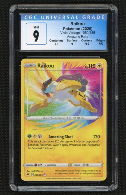 CGC 9 MINT Raikou 050/185 Amazing Rare Pokemon Vivid Voltage Sword & Shield PSA
