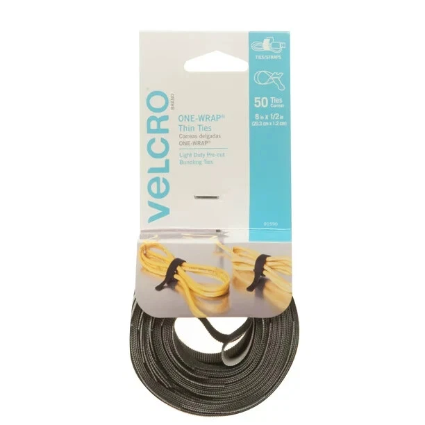 ONE-WRAP Cable Ties 8in x 1/2in Ties Gray & Black 50 ct Black Cord Organization
