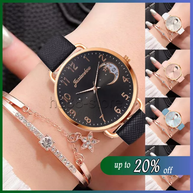 Ladies Womens Girls Watch+Bracelet Fashion Leather Strap Quartz Wristwatch Gift