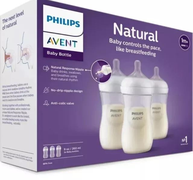 NEW 3 Pack AVENT Natural Baby Bottle w Natural Response Nipple, 9 Oz Flow 3, 1m+