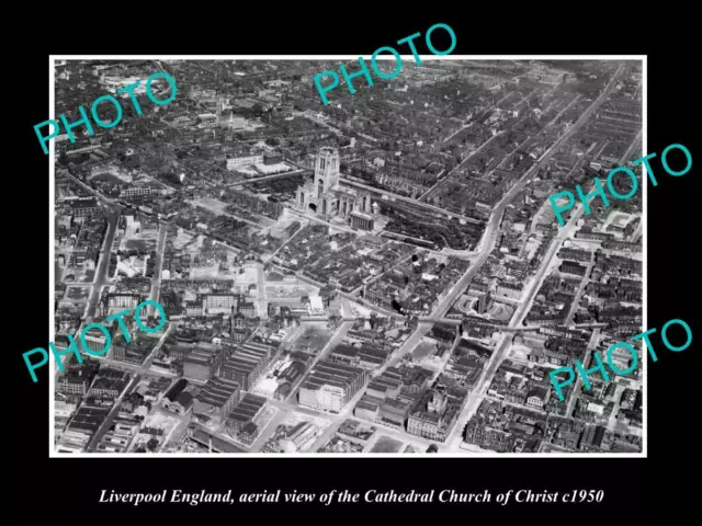 OLD POSTCARD SIZE PHOTO LIVERPOOL ENGLAND AERIAL VIEW OF CATHEDRAL c1950