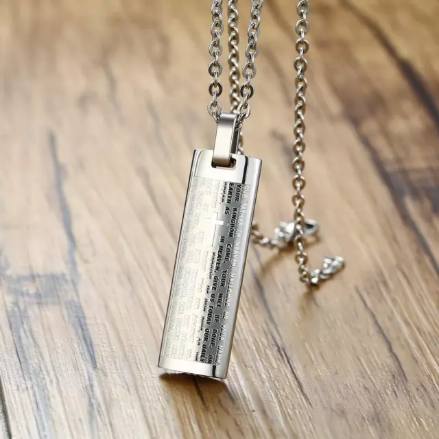 Stainless Steel Carved Cross Lord's Prayer Dog Tag Pendant Necklace for Men