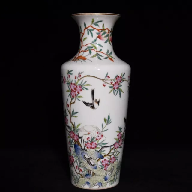 10.4" Qianlong Chinese Famille rose Porcelain Flower Bird Bottle Vase