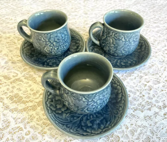 Siam Celadon Handmade Cups & Saucers Crackle Glazed Blue Set of 3 2