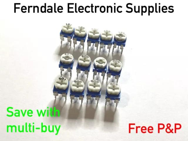 PCB Potentiometers, Variable Resistors, Trimmers, 100R - 1M. Pack of: 5, or 10