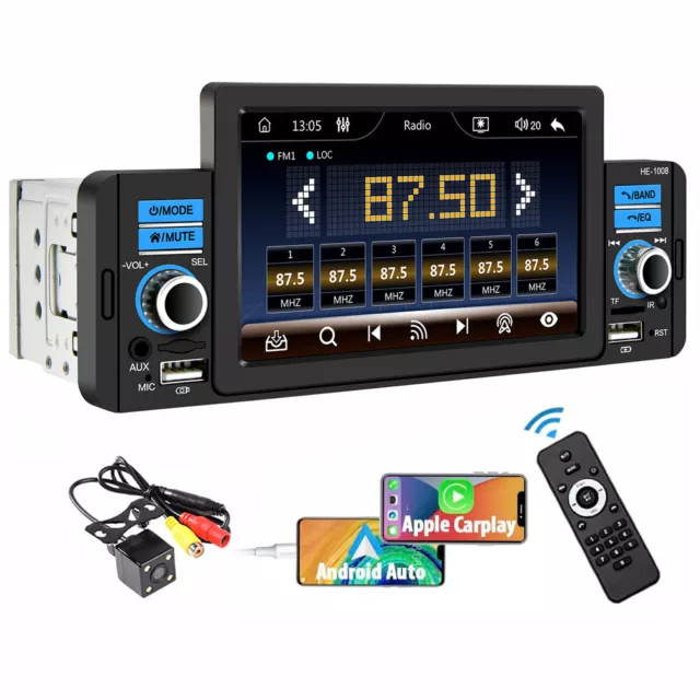 1 DIN Touch Screen Car Bluetooth Radio Stereo Carplay Android auto MP5 Player FM