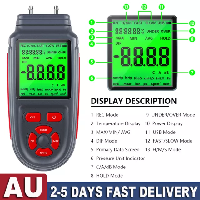 Digital Manometer Dual Port Air Gas Pressure Tester Differential Pressure Gauge