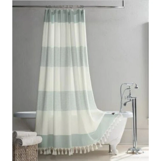 UGG Napa Agave Green White Stripe Fabric Shower Curtain With Fringe, New UGG Napa Agave Green White Stripe Fabric Shower Curtain With Fringe, New