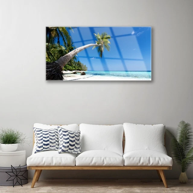 Tableau Verre Acrylique Paysage Plage - 125x50 Cm - Palmiers, Mer, Sable - Marque Tulup - Neuf
