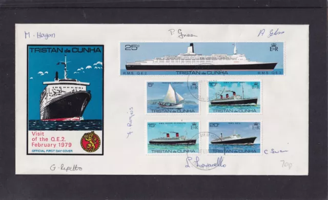 Tristan da Cunha 1979 Visit ship Queen Elizabeth 2 stmpMS FDC signed 7 islanders