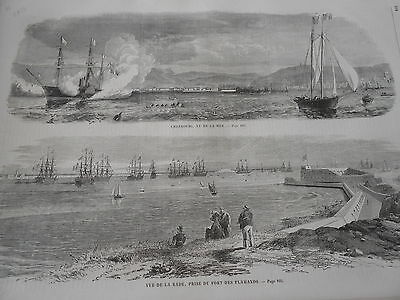 Gravure 1858 - Cherbourg vue de la Mer et de la Rade